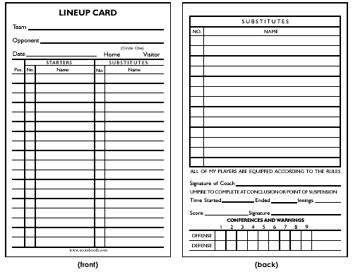 Baseball Lineup Card
